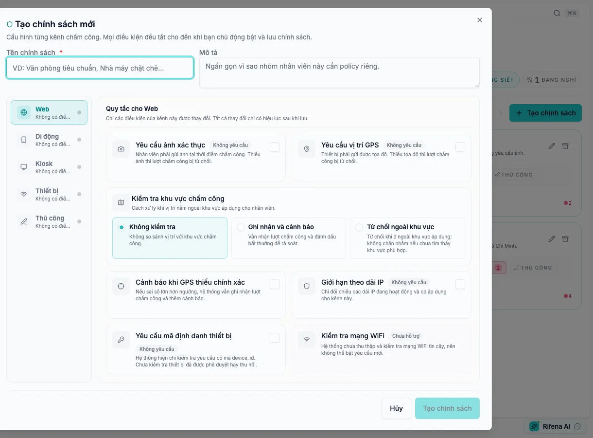 Hộp thoại Tạo chính sách mới với danh sách Web, Di động, Kiosk, Thiết bị, Thủ công và các điều kiện cho kênh Web